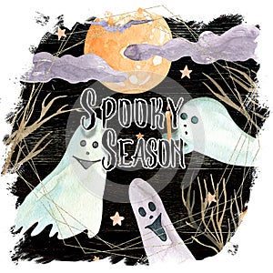 Watercolor illustration for Halloween. Night Ghosts Moon Poster