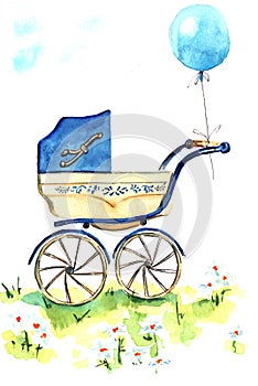 watercolor illustration hand-drawn baby stroller against the sky