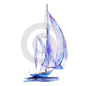 Watercolor illustration, hand drawn painted sailboat isolated object on white background.