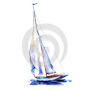 Watercolor illustration, hand drawn painted sailboat isolated object on white background.