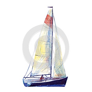 Watercolor illustration, hand drawn sailboat. Art cut out deep blue yacht sails, watercolor isolated objet on white photo