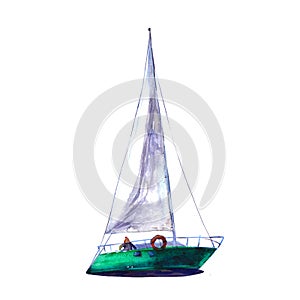 Watercolor illustration, hand drawn sailboat. Art cut out emerald yacht sails, watercolor isolated objet photo