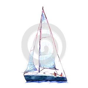 Watercolor illustration, hand drawn sailboat. Art cut out yacht sails, watercolor isolated objet on white photo