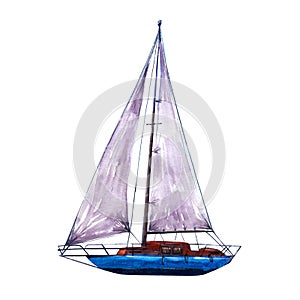 Watercolor illustration, hand drawn sailboat. Art cut out yacht sails, watercolor isolated objet on white photo