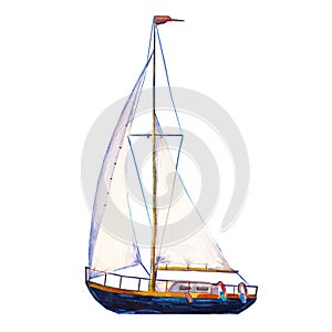 Watercolor illustration, hand drawn sailboat. Art cut out yacht sails, watercolor isolated objet on white photo