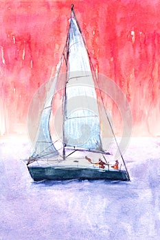 Watercolor illustration, hand drawn sailboat. Art print yacht sails, red sky