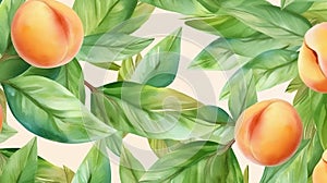 Watercolor illustration hand made peaches with leaves painted as summer organic fruit pattern