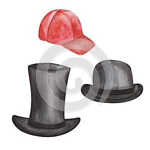 Watercolor illustration of hand painted black bowler hat, tall gentleman hat and red cap. Accessories for men and boys