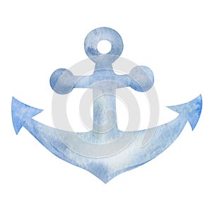 Watercolor illustration of hand painted blue anchor for ship, vessel, boat in simple style. Marine item for sea, ocean