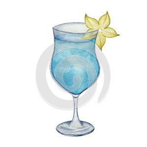 Watercolor illustration of hand painted blue cocktail in glass with yellow carambola, star fruit. Blue lagoon. Alcohol beverage