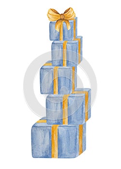 Watercolor illustration of hand painted blue gift boxes with golden yellow bow. Isolated on white present boxes