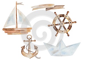 Watercolor illustration of hand painted blue origami paper ship, brown wooden vessel, boat for ocean, anchor with chain