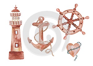 Watercolor illustration of hand painted brown lighthouse, beacon, anchor with rope, wooden steering wheel, heart with chain