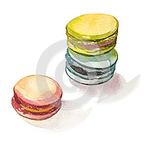 Watercolor illustration of hand painted colorful macarons
