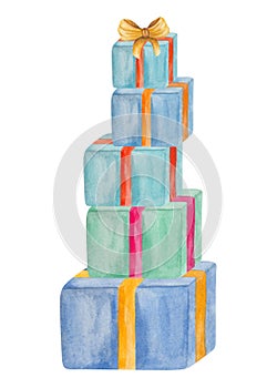 Watercolor illustration of hand painted gift boxes with golden yellow bow. Colorful present boxes