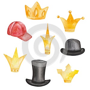 Watercolor illustration of hand painted golden crowns for queens and kings, black bowler hat, tall gentleman hat and red cap