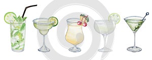 Watercolor illustration of hand painted green cocktails in glass with fruits as lime, olives, lemon, cherry, pineapple. Mojito