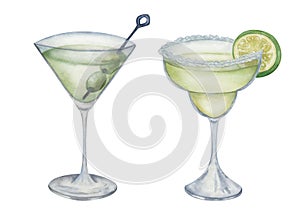 Watercolor illustration. Hand painted green cocktails in glasses. Dry martini with olives. Margarita with slice of lime and salt