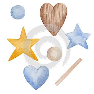 Watercolor illustration of hand painted hearts, stars, dots in blue, brown and yellow colors. Isolated on white clip art set