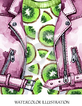 Watercolor illustration. Hand painted leather jacket with fresh kiwi. Healthy style.