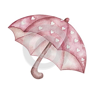 Watercolor illustration hand painted open pink umbrella with hearts and hooked handle isolated on white. Autumn clip art element