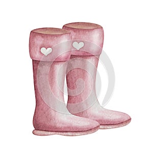 Watercolor illustration hand painted pink, rubber boots with heart for rainy weather isolated on white. Autumn clip art element