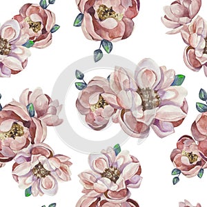 Watercolor illustration of hand painted seamless magnolia pattern. Floral design for cosmetics, perfume, beauty care products.