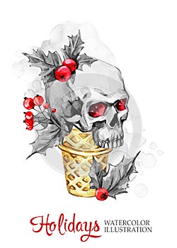 Watercolor illustration. Hand painted waffle cone with skull. Funny ice cream dessert. Christmas, New Year symbol.