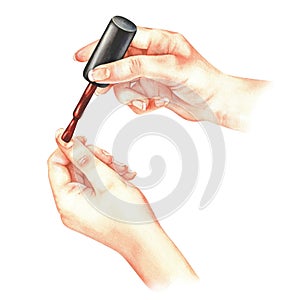 Watercolor illustration of hands doing manicure applying red nail polish. Isolated on a white background. For beauty