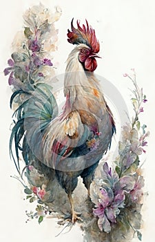 Watercolor illustration of a handsome free range rooster. photo