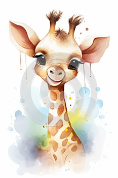 watercolor illustration of a happy baby giraffe face on white background