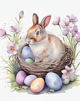 A watercolor illustration for a Happy Easter greeting card featuring a rabbit surrounded by flowers and Easter eggs. Perfect for