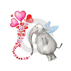 Watercolor illustration of a happy elephant with wings and hearts being poured from its trunk.