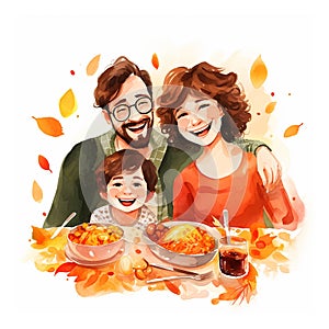 Watercolor illustration of happy family autumn Thanksgiving isolated on white