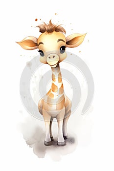 watercolor illustration of a happy little baby giraffe on white background