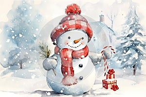 Watercolor illustration of a happy snow man in the winter forest