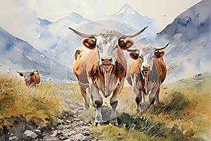 watercolor illustration of a herd of cows grazing in the mountains