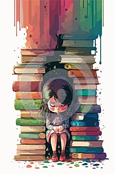 Watercolor illustration. Home education, lessons, a bright girl hiding in books
