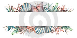 Watercolor illustration of a horizontal banner with shells, corals, seahorse, starfish, algae. For the design and