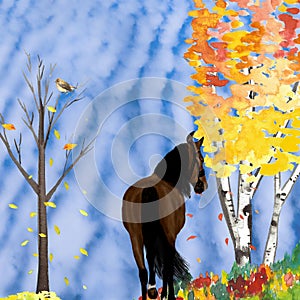 Watercolor illustration of horse  under trees full of autumn leaves