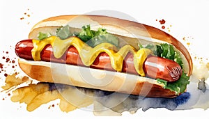 Watercolor illustration of hot dog with mustard. Tasty fast food. Hand drawn art