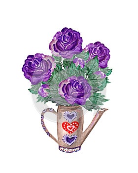 Watercolor illustration of a huge, bouquet of purple, lilac roses in a decorative watering can, holiday, flowers.
