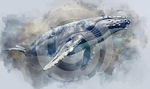 Watercolor illustration of a humpback whale in the ocean