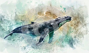 Watercolor illustration of a humpback whale in the ocean