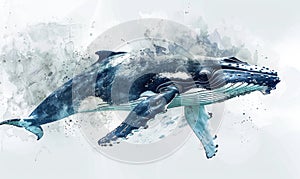 Watercolor illustration of a humpback whale in the ocean