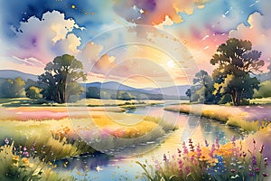 Watercolor Illustration of an Idyllic Summer Scene - Warm Golden Sunlight Bathing a Tranquil Meadow