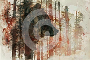 Watercolor illustration image with double exposure of a forest predator bear and its forest habitat