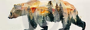 Watercolor illustration image with double exposure of a forest predator bear and its forest habitat, banner