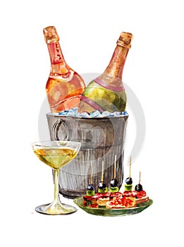 Watercolor illustration for invitation degustation or tasting. Wine or shampagne bottles in the ice bucket. Hand-drawn vintage