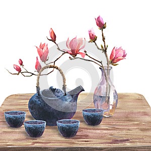 Watercolor illustration of japan tea ceremony, composition of dark blue ceramic teapot, bowls of tea, transparent vase